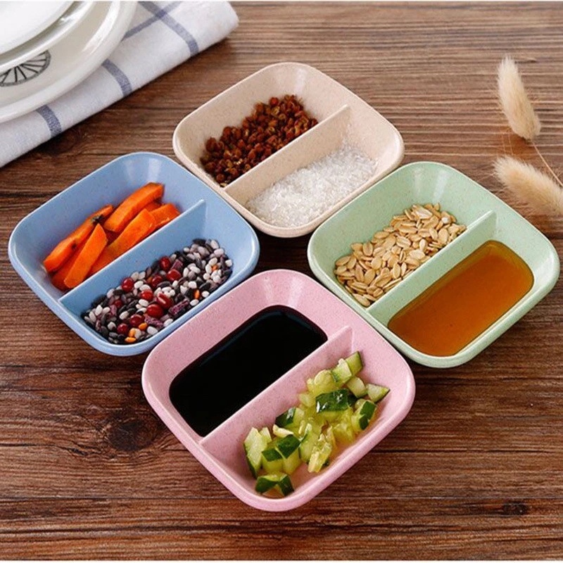 Food Grade Kreatif Jerami Gandum Double Grid Seasoning Dish Multifungsi Saus Garam Piring Makanan Ringan Peralatan Makan Dapur Rumah Tangga