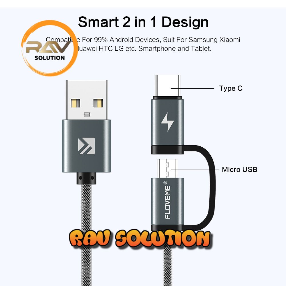 Floveme Kabel Charger 2 in 1 Micro USB + USB Type C QC3.0 2.8A 100cm - SET A RAV SOLUTION