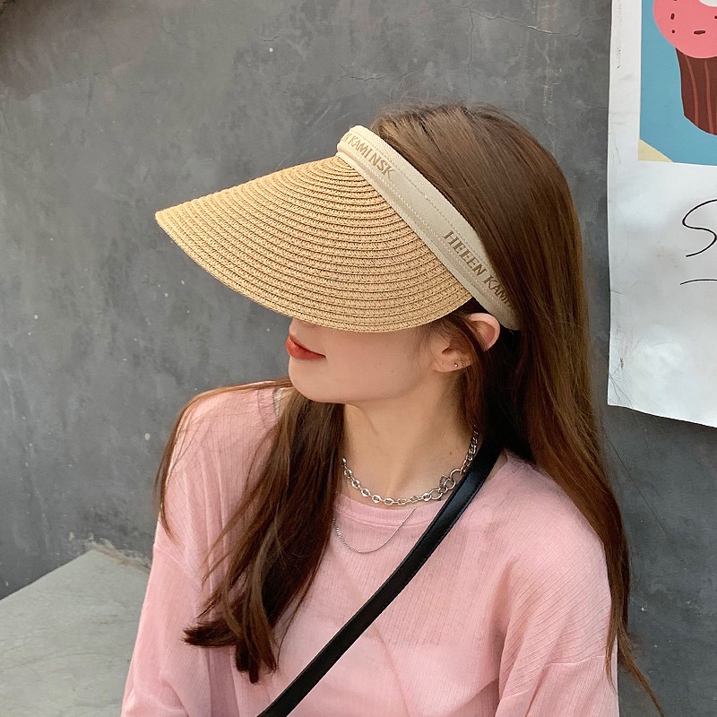 WE Topi Matahari Musim Panas Topi Pantai Wanita Jerami Jogging Knit Visor Lipat Anti UV Fashion Wanita Korea Import