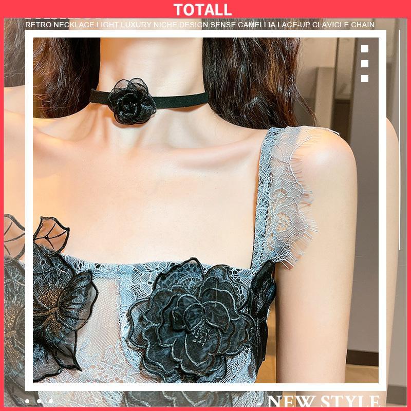 COD Waktu Seksi Choker Kerah Perhiasan Retro-Hitam Renda Camellia Kalung Pesta Makan Malam Neck-Band Wanita Fashion Adjustable Neckl-Totall