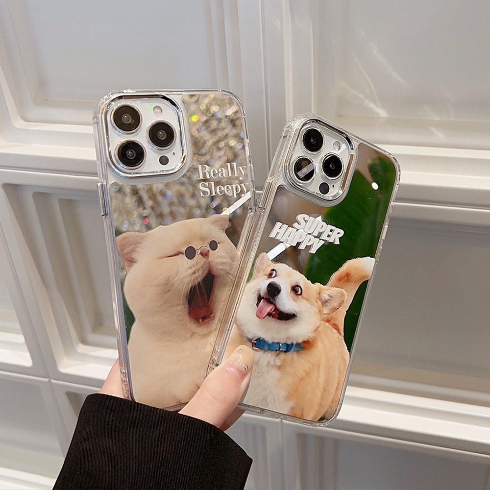 IPHONE Hewan Lucu Puppy Dog Cat Electroplated Camera Frame Phone Mirror Case Cover Untuk Iphone11 12 13 14 PRO MAX