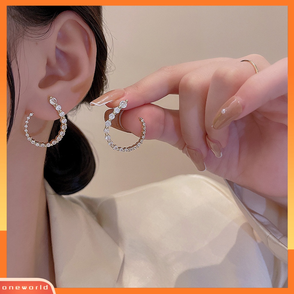 [EONE] 1pasang Anting Pejantan Berbentuk C Geometris Minimalis Elegan Mewah Berkilau Berlian Imitasi Wanita Open Hoop Earrings Fashion Jewelry