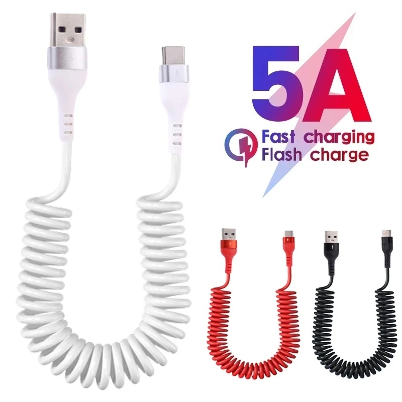 Spring Tension Kabel Data Charger Telepon Mobil Pengisian Cepat Portabel Teleskopik Ekstensi Aksesoris Telepon 65W 5A Ditarik USB Tipe C Mobil Rumah Kantor