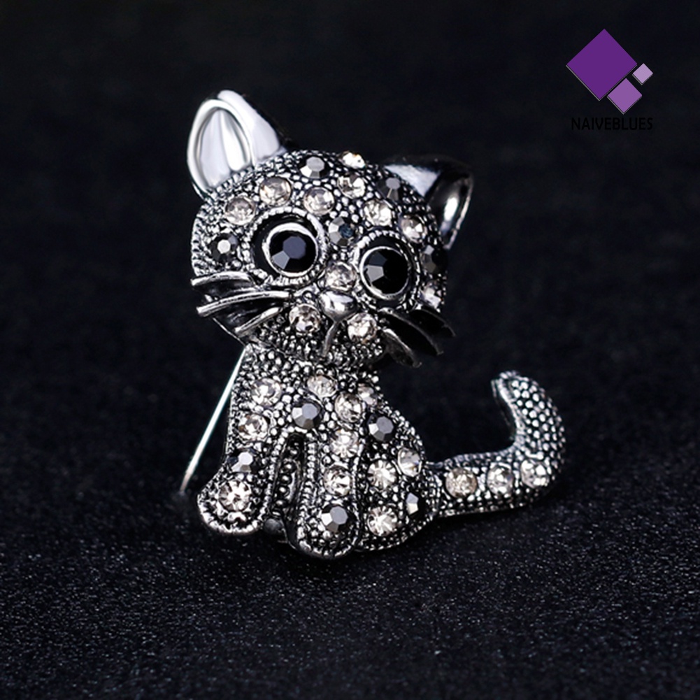 &lt; Naiveblues &gt; Vintage Wanita Gadis Kucing Yang Indah Kitten Berlian Imitasi Bros Pin Pesta