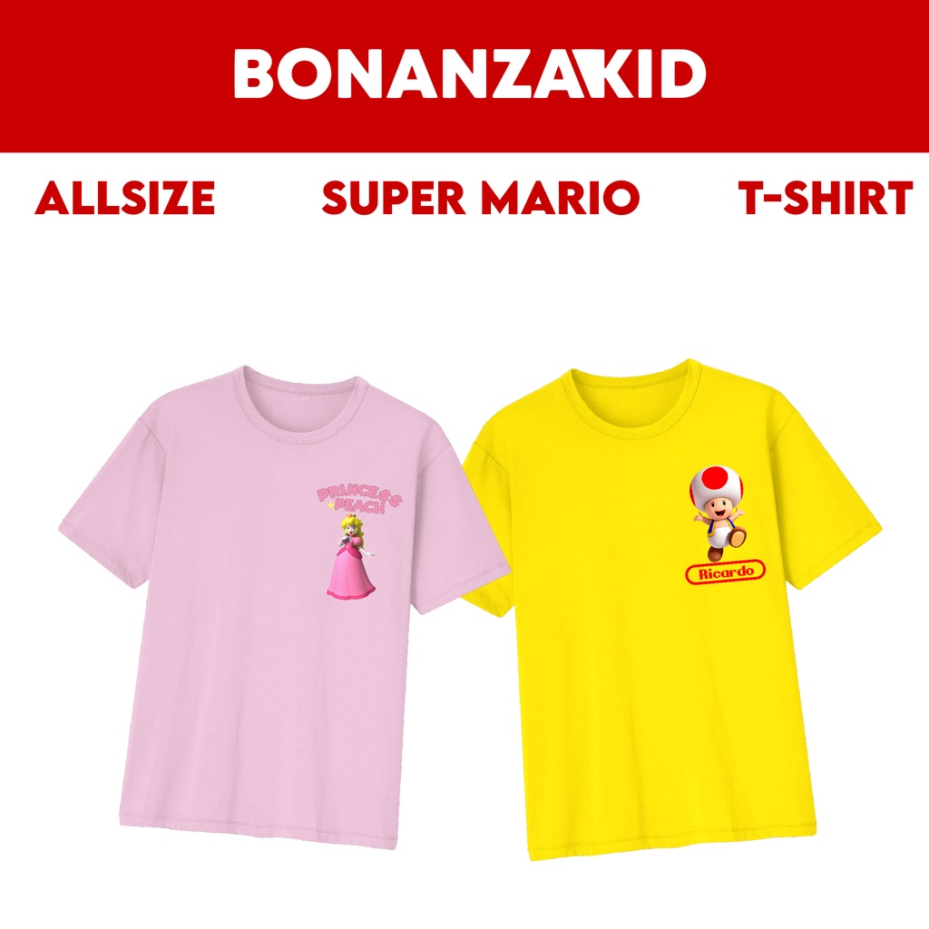 Baju Kaos Custom Nama Mario &amp; Princess Peach Size Bayi Sampai Dewasa Bahan Katun Combed 30s