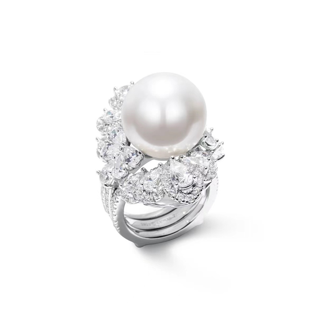 Goldkingdom Aksesoris Perhiasan Fashion Ready Stock Cincin Wanita Yang Mewah Dan Serbaguna Yang Dapat Disesuaikan Berlian Dengan Dua Pasang Beimu Pearl Rings