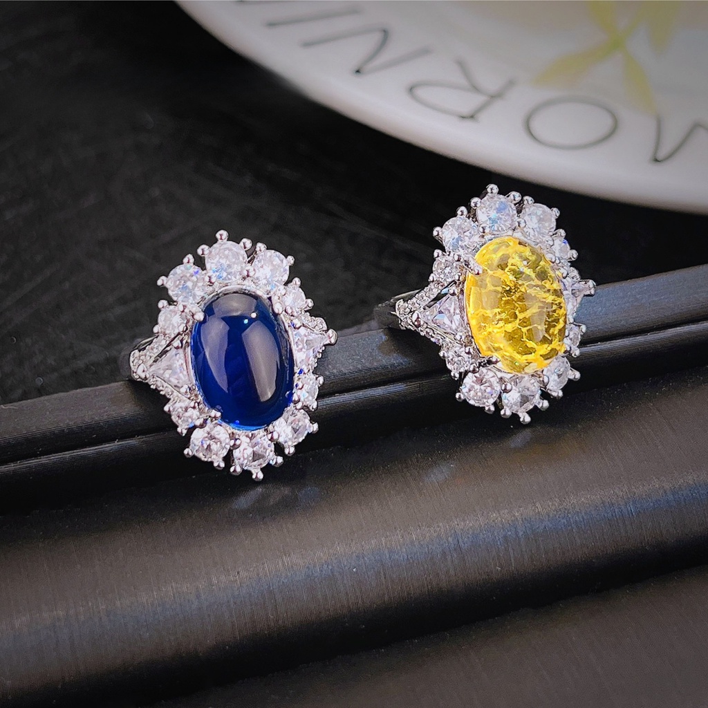 Goldkingdom Fashion Perhiasan Aksesoris Ready Stock French Retro Polos Royal Blue Permata Cincin Berlian Imitasi Penuh Es Kuning Berlian Cincin Gadis