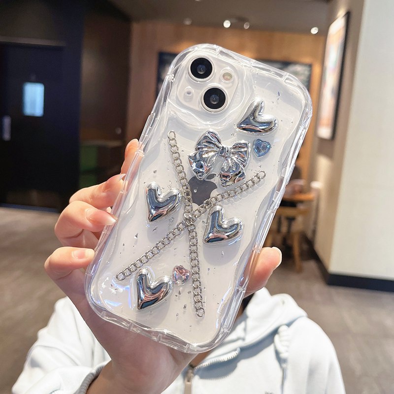 【Resin Case】3D Silver Love Bow Silicone Case for IPhone X XS XR XS Max 11 13 12 14 PRO Max 14 Plus Clear IPhone Case Ice Cream Casing hp iPhone 13 pRO MAX