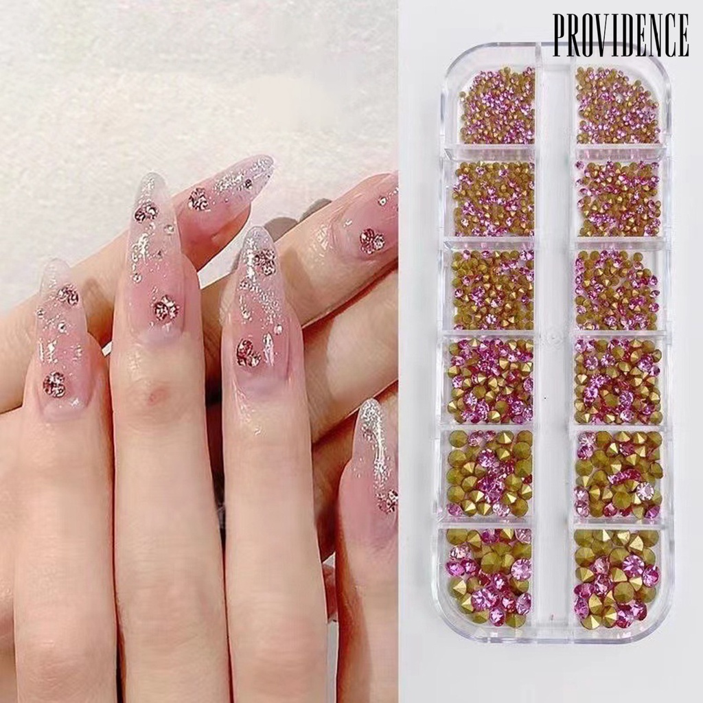 Providence 1kotak Kuku Berlian Imitasi Ukuran Campur Bening Bersinar Mudah Tempel Removable Dekorasi Kuku 12kisi 3D Berbentuk Tidak Teratur Manicure Charm Nail Supplies