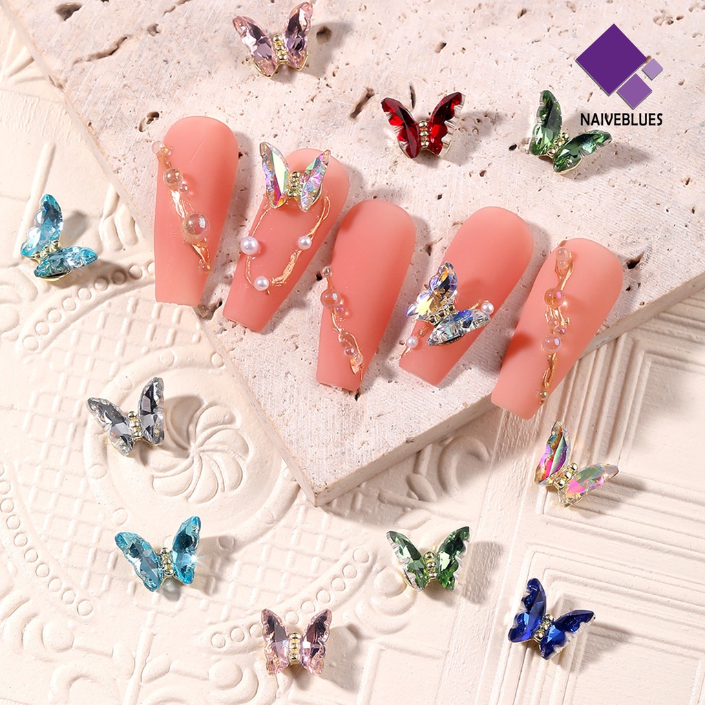 [naiveblues] 10pcs Nail Art Decor Bersinar Tiga Dimensi Gloss Tidak Luntur Kristal Imitasi Manicure Butterfly Nail