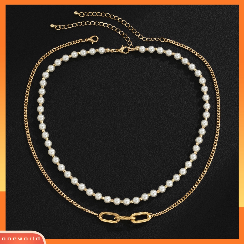 [EONE] Pria Kalung Hias All-match Double-Layered Geometris Mutiara Imitasi Choker Necklace Untuk Pakaian Sehari-Hari