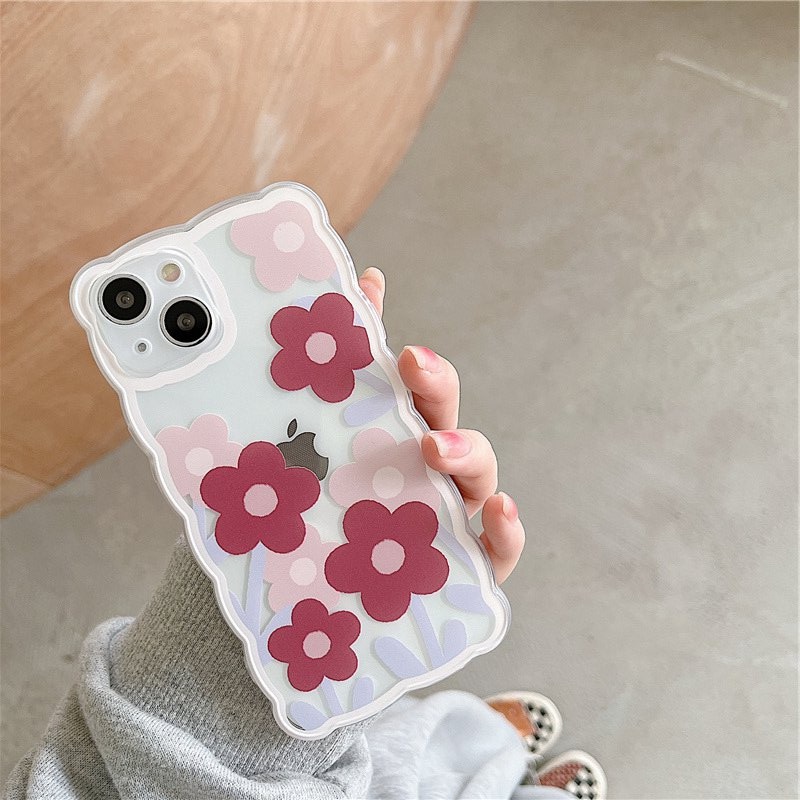 【INS Wave】Red Pink Flower Soft TPU Case HP iP iPhone 11 12 13 14 Pro Max 7 8 + Plus SE 2020 X XS XR Max Girl Woman Clear FTD Casing Apple