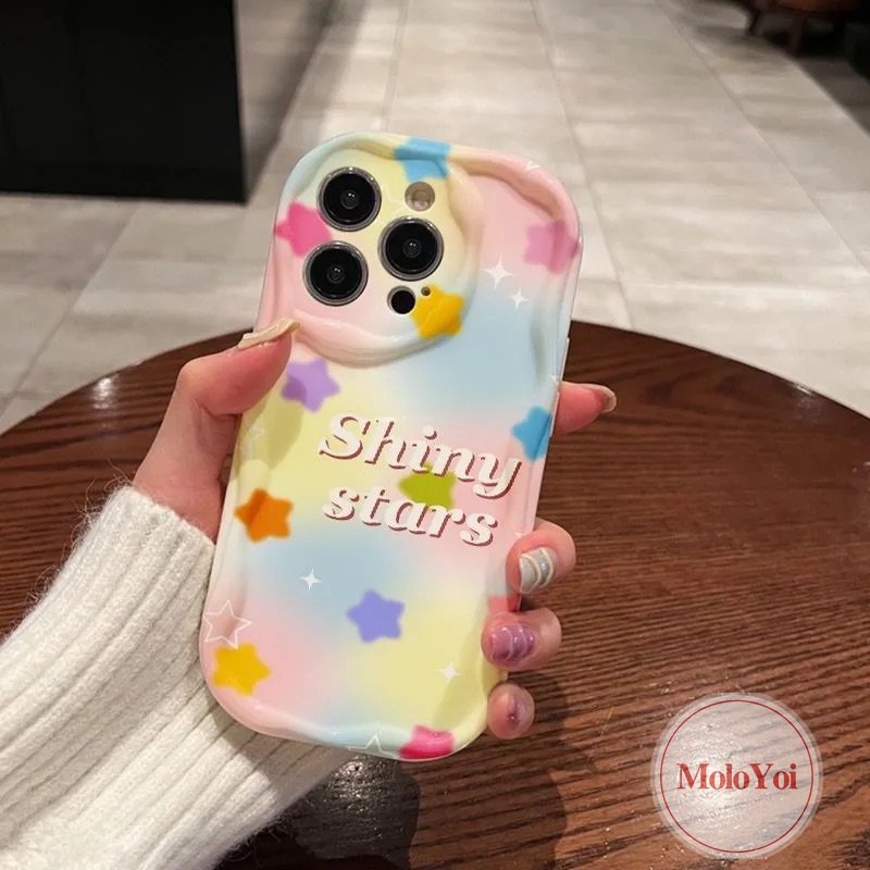 IPHONE Casing Huruf Bintang Kartun Warna-Warni Kompatibel Untuk Iphone11 14 12 13 Pro Max XR 7 8 6s 6 Plus X XS Max SE 2020 7Plus 8Plus Shockproof Glossy 3D Wavy Curved Edge Soft Cover