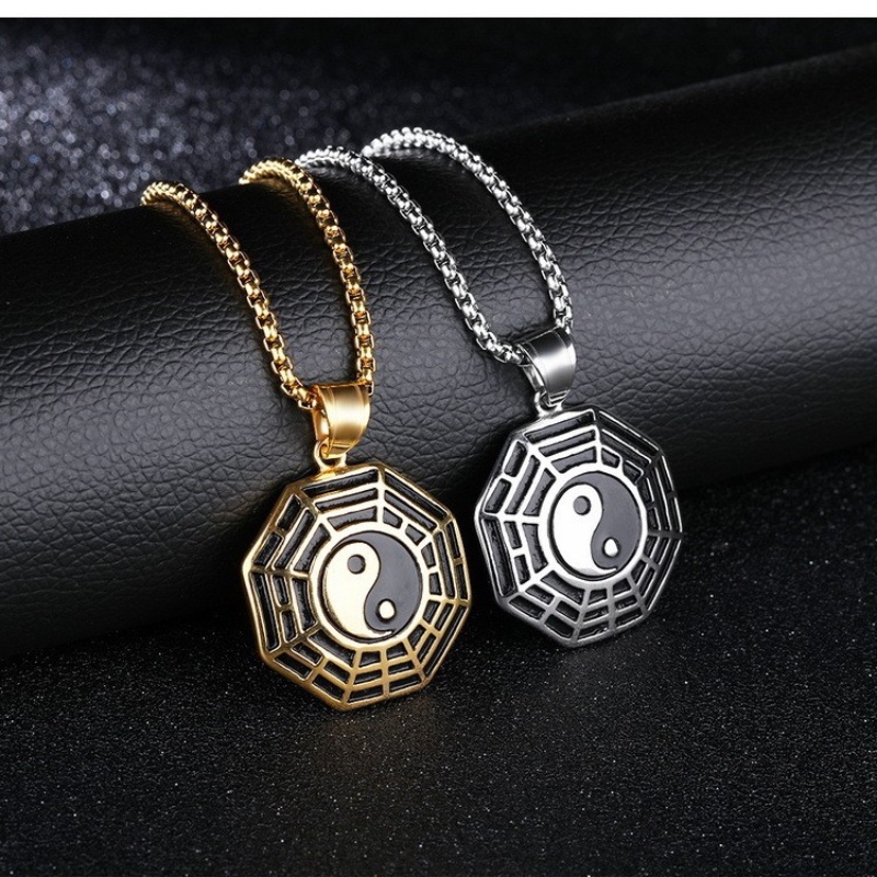 [Z H Jewelry] Vintage Bagua Jimat Hip Hop Tai Chi Kompas Liontin Pria Dan Wanita Fashion Stainless Steel Kalung Punk Pesta Batu Baja Titanium Perhiasan Aksesoris