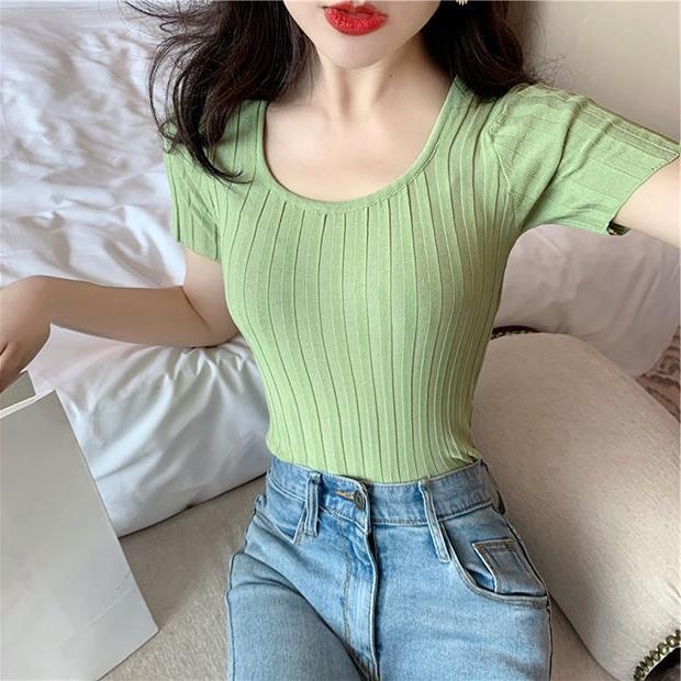 TELLY ➡️ BJ-028 Rajut Atasan import Wanita Gaya Korea Lengan Pendek Salur Rajut Kaos Wanita Bahan Icy Silk impor