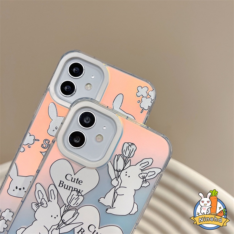 IPHONE Ins Gradien Casing Laser Kompatibel Untuk Iphone14 13 12 11 Pro Max X Xr Xs Max 8 7 6 Plus SE 2020 Kreatif Lukisan Kelinci Shockproof Phone Case Tepi Lurus Akrilik Hard Case