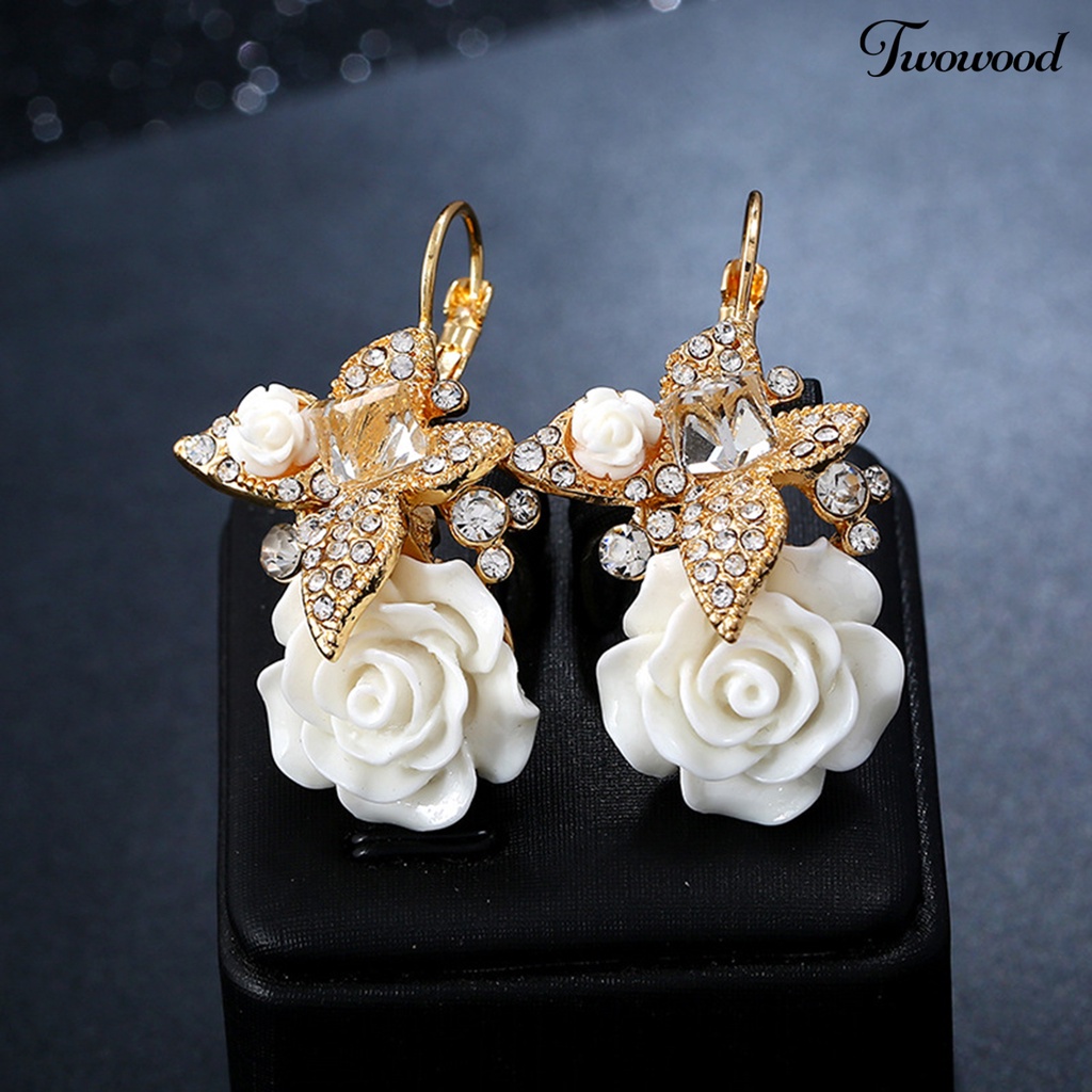 Twowood 1pasang Anting Wanita Bunga Berlian Imitasi Vintage Electroplating Tahan Lama Ear Buckle Earrings Untuk Pernikahan