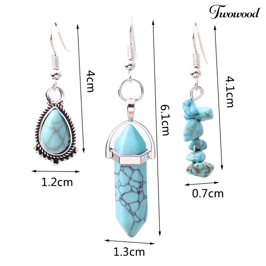 Twowood 1set Statement Kalung Etnik Retro Tetesan Air/Hexagon Prisma Imitasi Biru Turquoise Batu Alam Hoop Earrings Kit Perhiasan Fashion