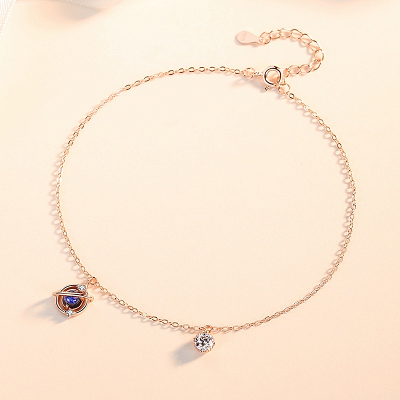 925 Sterling Silver Fantasy Universe Planet Gelang Kaki Perempuan Kreatif Versi Korea Kaca Biru Kristal Rantai Pergelangan Kaki ins Gaya Ankle Chain Trendy