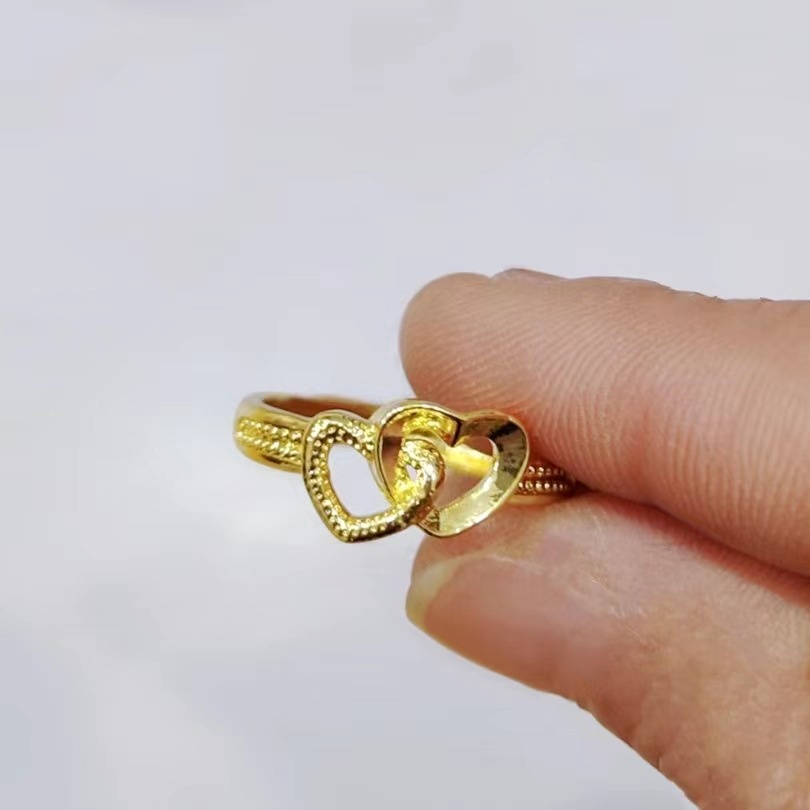 Cincin Cinta Hati Ganda Tiga Dimensi Emas Sederhana Untuk Wanita Kesederhanaan Pembukaan Cincin Perhiasan Hadiah Anniversary Kekasih