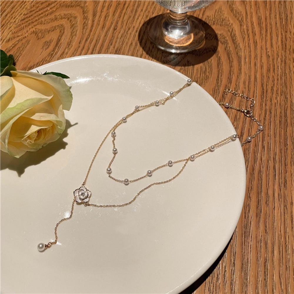 Temperamen Manis Camellia Double-layer Kalung Sederhana Kecil Segar Double-layer Rantai Tulang Selangka Cahaya Kalung Mewah Perhiasan Uang Baru Untuk Wanita Perhiasan Permen