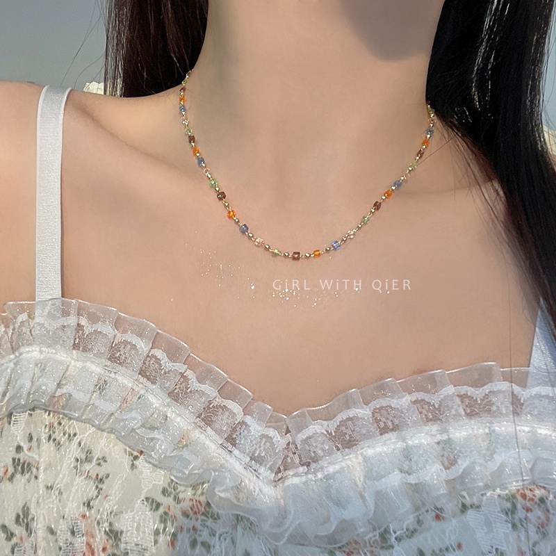 Yeezii Kalung Manik Kristal Warna-Warni Manis Untuk Wanita Fashion Rantai Emas Choker Perhiasan Aksesoris