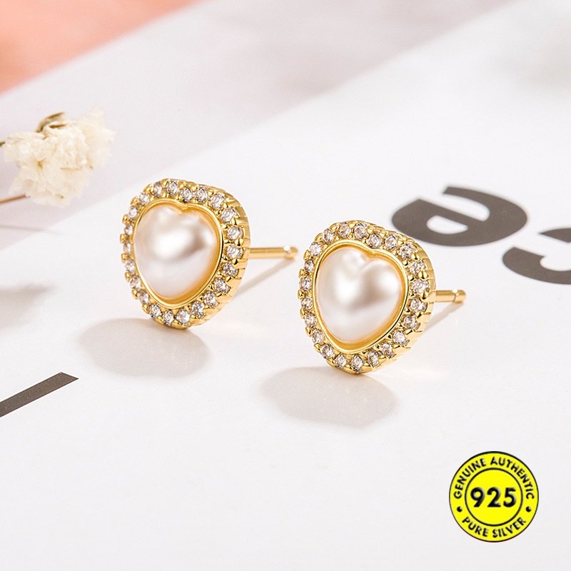 S925 Silver Shell Pearl Anting Telinga Berbentuk Hati U1817