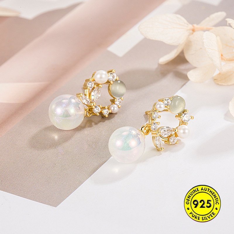 Anting Mutiara Shell Pita Hias Warna Emas 18K Zirkon Garland U1804