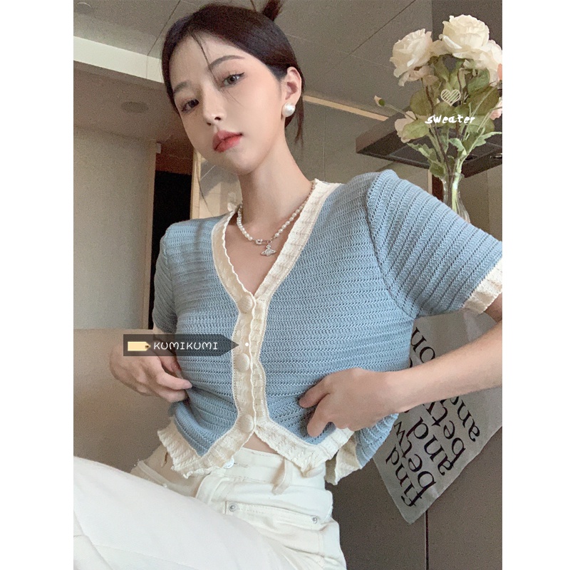 Cardigan Rajut Kancing Wanita Lengan Pendek V Korean Top