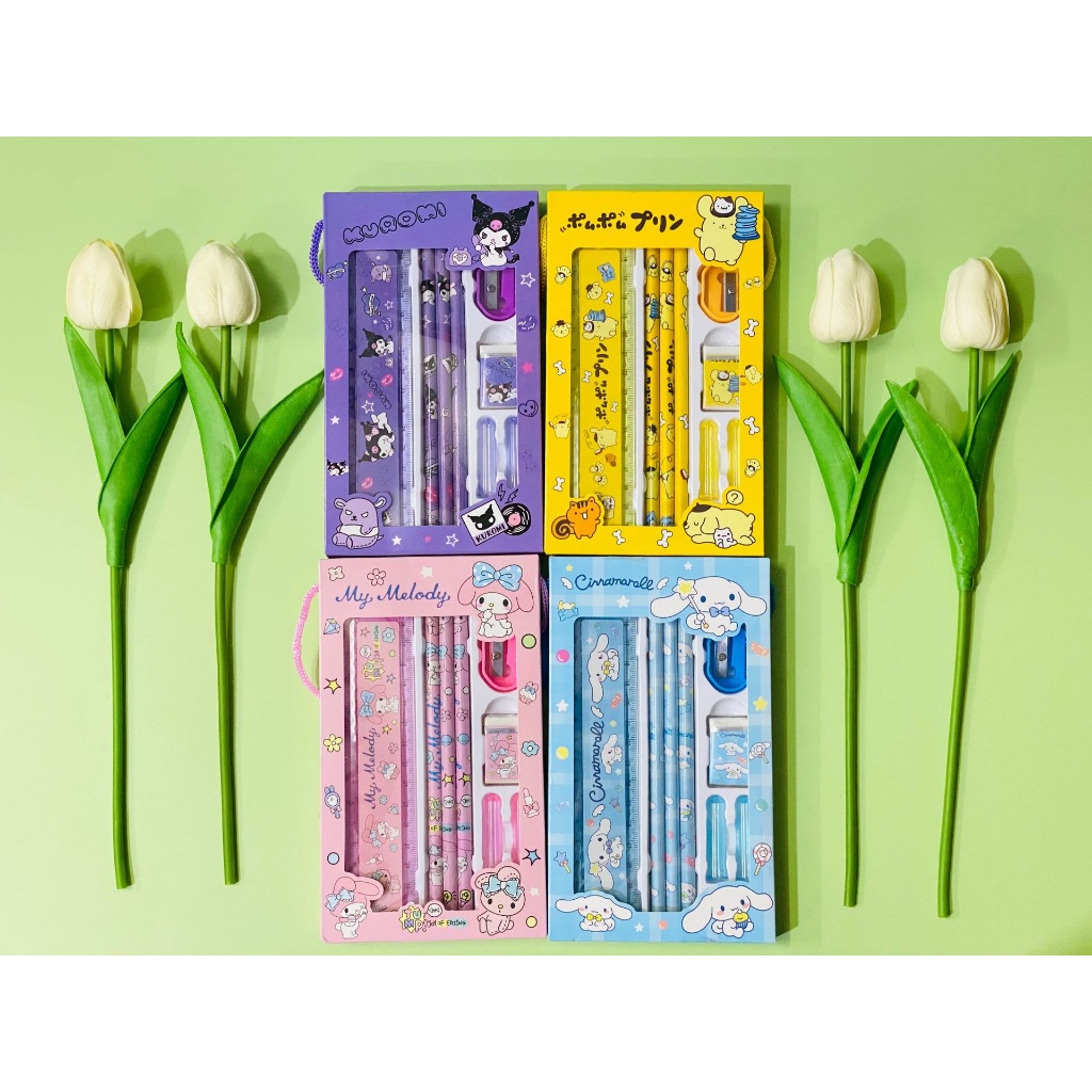 

(8pcs) set alat tulis sekolah anak sanrio /alat tulis 8 in 1 pensil penghapus penggaris rautan cinnamorooll kuromi melody/ kado anak sekolah