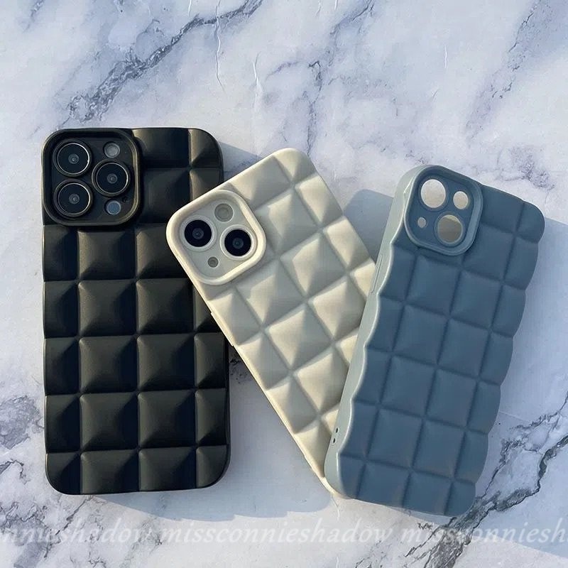 Casing Kotak Periksa Stereoskopik Mewah Simple Vintage Kompatibel Untuk iPhone 7Plus 8Plus 11 12 13 14 Pro MAX 6 6s 7 8 Plus XR X XS MAX SE 2020 Warna Permen Soft Matte Phone Cover