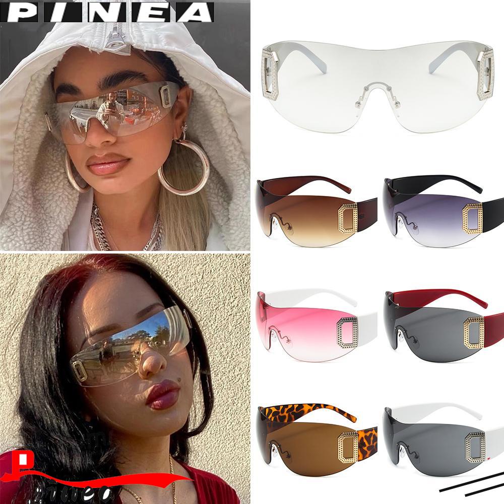 Nanas Tanpa Bingkai Y2K Kacamata Hitam Trendy Retro Oversized Wanita Pria Frameless Eyewear Cyber Shades