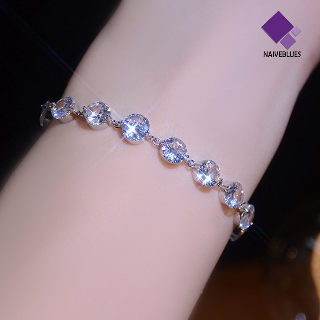 &lt; Naiveblues &gt; Wanita Gelang Adjustable Warna Perak Manik-Manik Bulat Elegan Slim Berlian Imitasi Remaja Bracelet