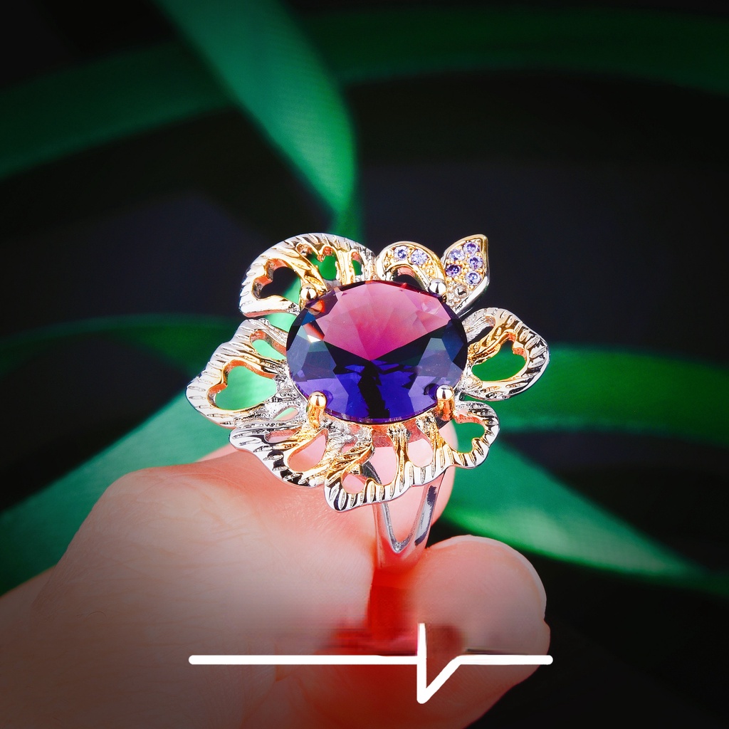 Goldkingdom Aksesoris Perhiasan Fashion Ready Stock Two-tone Kerajinan Emas Amethyst Cincin Kreatif Bunga Warna-Warni Harta Karun Pembukaan Cincin Wanita