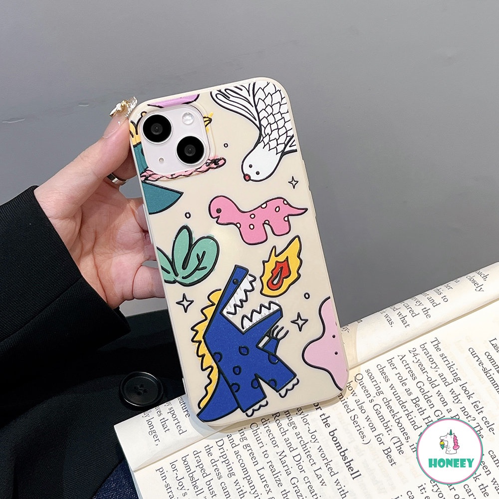 IPHONE Casing Ponsel Dinosaurus Hewan Lucu Untuk Iphone13 12 11 14 Pro Max XR Xs7 8 Plus Fashion Graffiti Silikon Penutup Belakang