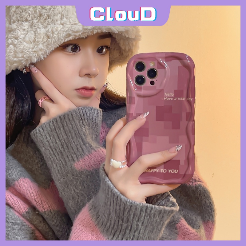 IPHONE Casing Kotak-Kotak Glossy 3D Wavy Curved Edge Kompatibel Untuk Iphone7 8 6 6s Plus 11 13 14 12 Pro Max X XR XS Max SE 2020 Rose Pink Lattice Shockproof Soft Back Cover