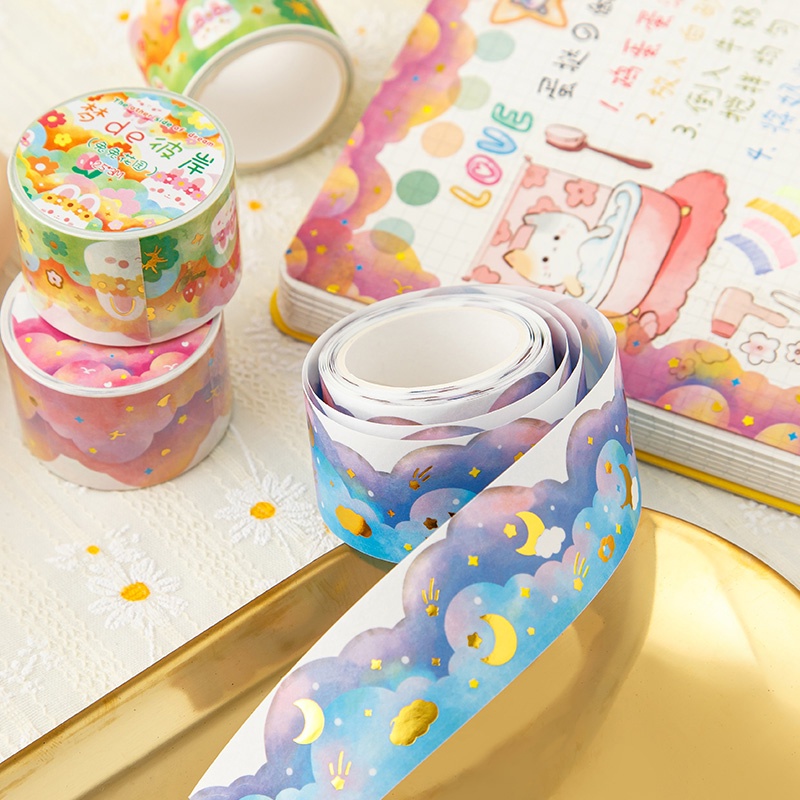 3meter Lucu Bronzing Awan Gelombang Series Washi Tape Scrapbook Border Bahan Deco Sticker