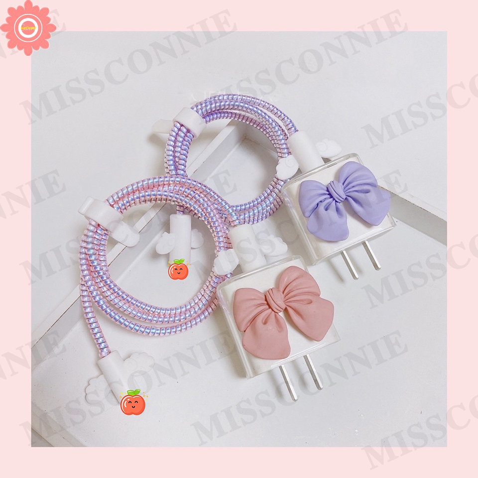 5in1 Set Lengan Kabel Data Pelindung Ikatan Simpul Lucu Pink Ungu Kompatibel Untuk Apple18/20W Adaptor Charger Case Dengan Pelindung Gigitan Kabel Lembut TPU Cover