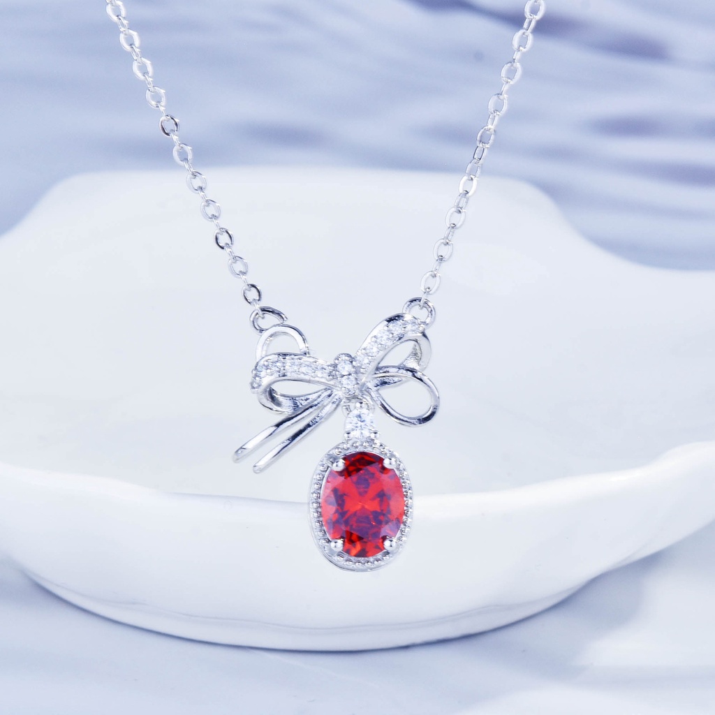 Goldkingdom Fashion Perhiasan Aksesoris Ready Stock Delima Merah Zirkon Busur Kalung Wanita Ins Perak Tulang Selangka Rantai