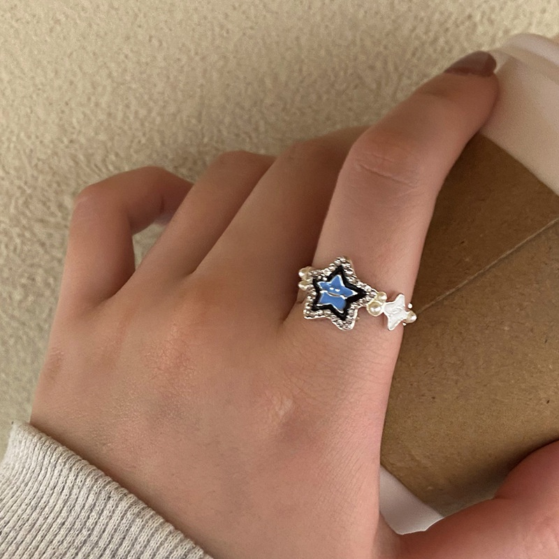 Cincin Bintang Beruntung Biru Muda Smiley Face Pasangan Cincin Aksesoris Fashion Kepribadian Dapat Disesuaikan