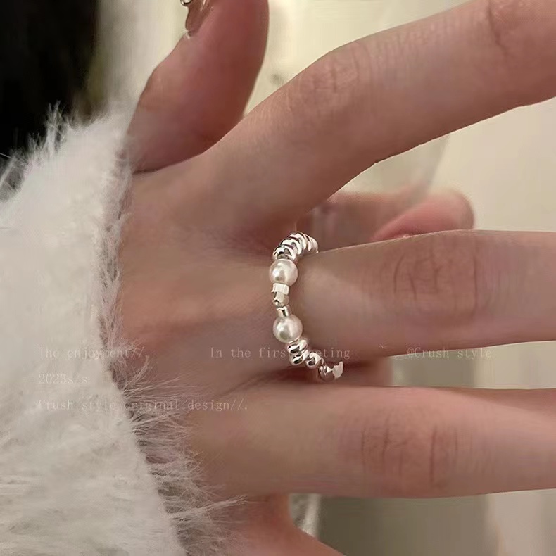 Cincin Perak Untuk Wanita Fahsion Blok Logam Mutiara Manik-Manik Rings Indah Aksesoris Perhiasan