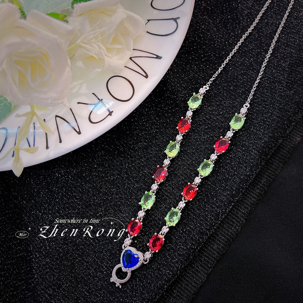 Goldkingdom Aksesoris Perhiasan Fashion Ready Stock Tourmaline Kalung Liontin Giok Dengan Rantai Sweater Berlian Royal Blue And Red Joker Necklace