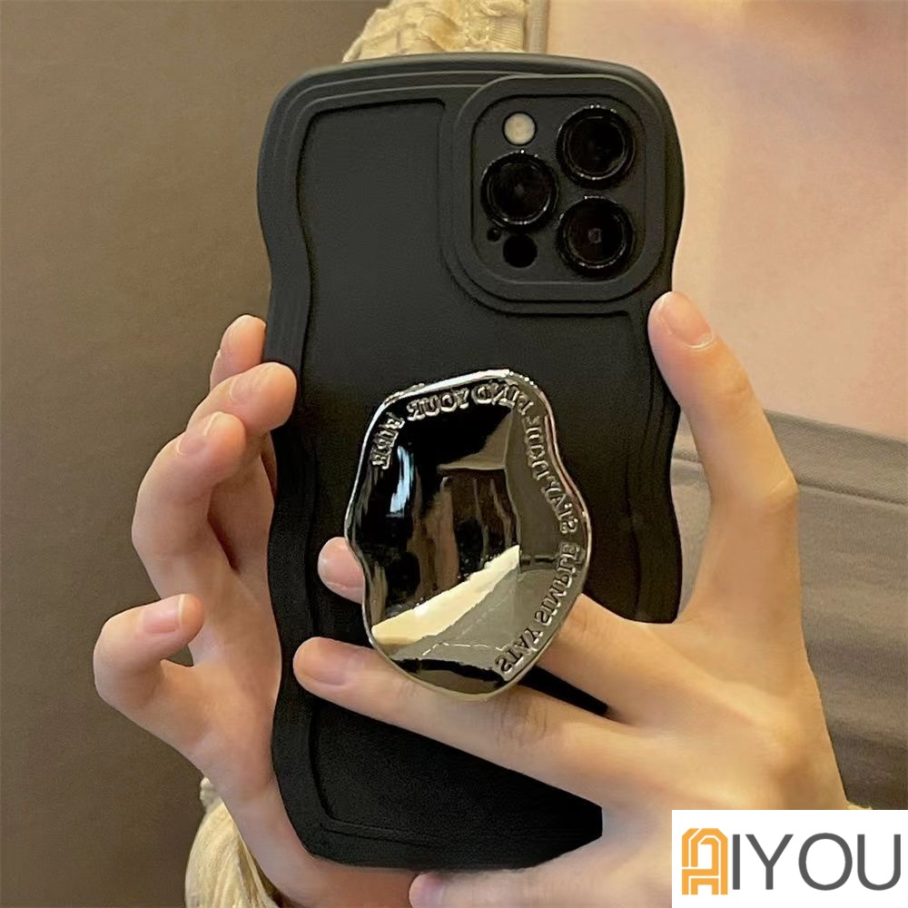 IPHONE Luxury Ins Korea Lucu Irregular Cloud Specular Bracket Gelombang Hitam Case Untuk Iphone14 13 12 11 Pro Max Kawaii Soft Cover Funda