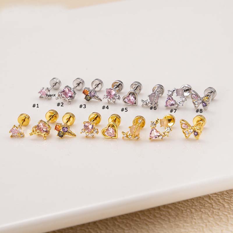 1biji Hati Kupu-Kupu Bentuk Bunga Tragus Tulang Rawan Helix Piercing 20Gauge Stainless Steel Zircon Warna Emas Perak