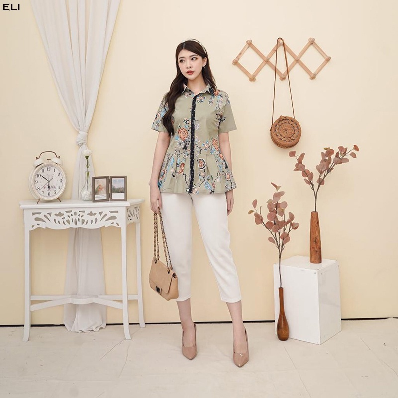 Evercloth Eli Blouse Wanita Atasan Wanita Blouse Batik Lengan Pendek