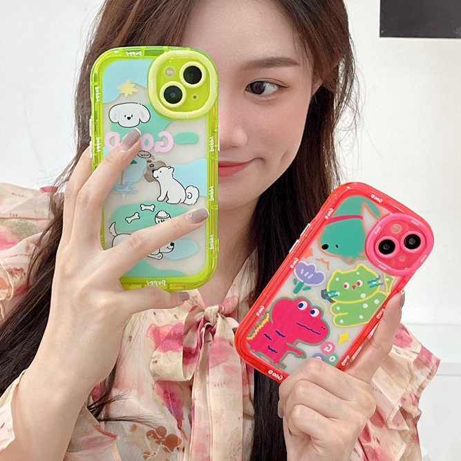 【Fluorescence Case】All New Air Bag Independent Buttons Soft Case IPhone 11 12 13 14 Pro Max Women Girl Fashion Cute Pink Red Little Dinosaur