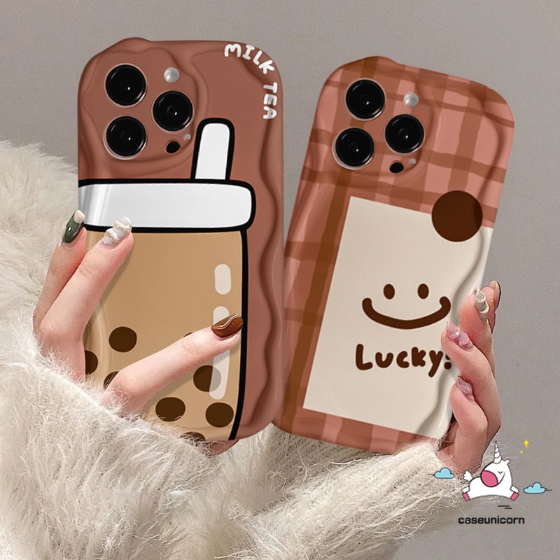 Casing Ponsel Tepi Melengkung Bergelombang Kreatif 3D Kompatibel Untuk iPhone 7Plus 8Plus XR 11 14 13 12 Pro Max6 6s 7 8 Plus X XS Max SE 2020 Lembut Tpu Kartun Teh Susu Smiley Lucu Penutup Belakang