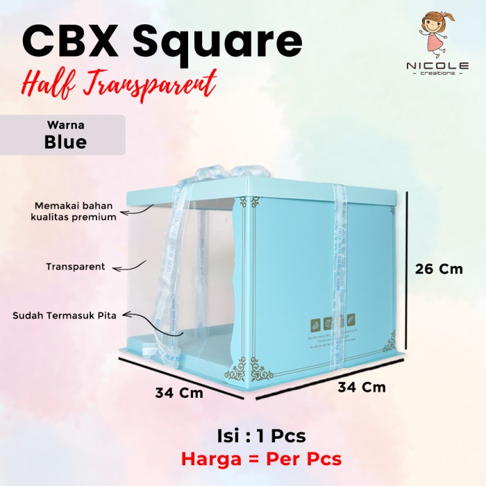 

Cake Box Half Transparant Square Mika/ Packaging Kue 34x34x26 cm