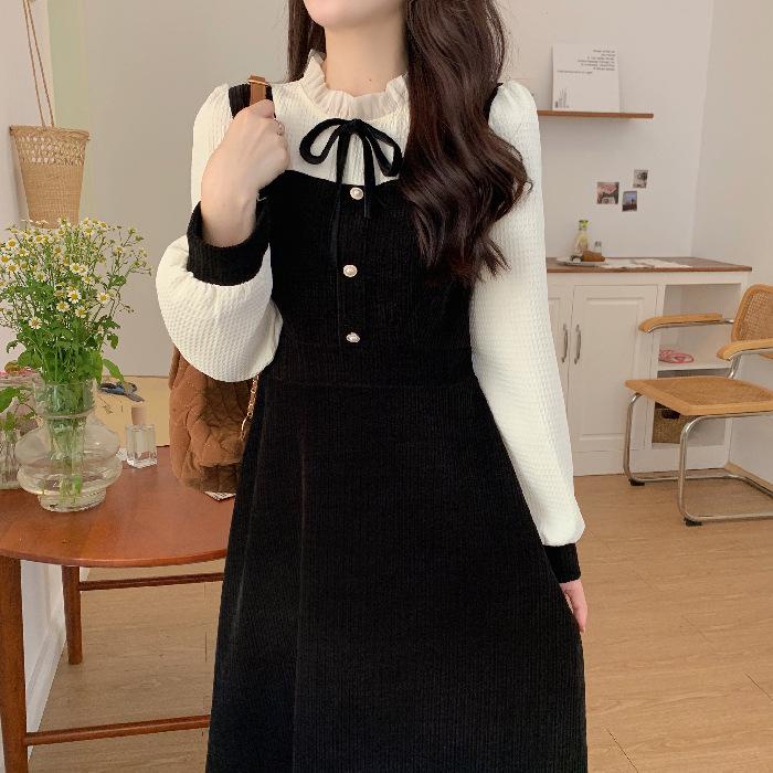 LADYSHOP D281 Corduroy French style slim waist dress