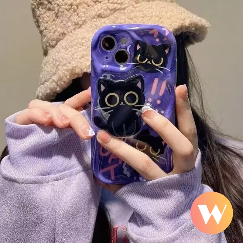 IPHONE Casing Tepi Melengkung Bergelombang 3D Kompatibel Untuk Iphone13 11 12 14 Pro Max7 8 6 6s Plus X XS Max SE 2020xr Lovely Kartun Kucing Lucu Dengan Ponsel Hloder Stand Bracket Soft Case Cover